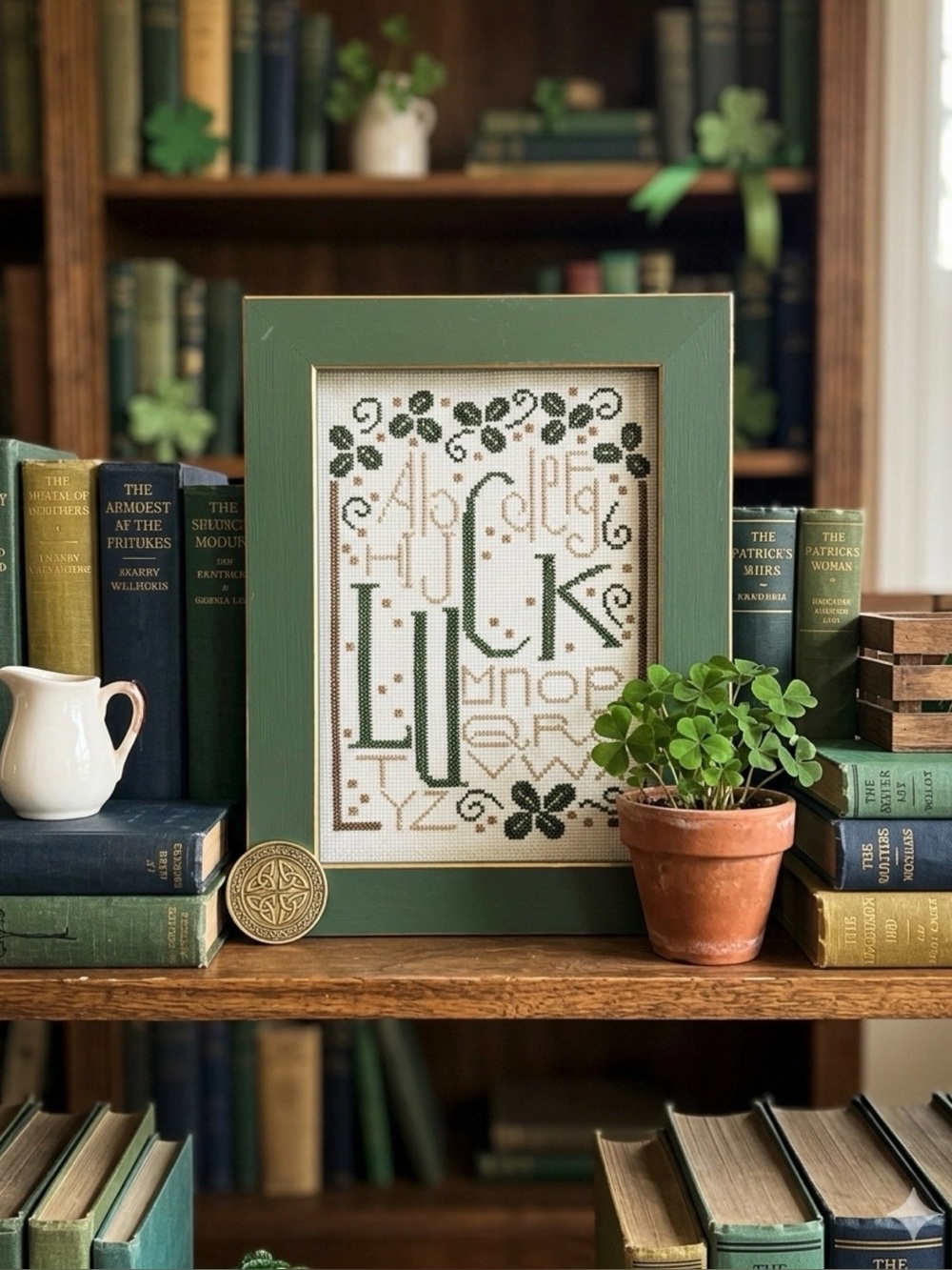 Vintage Framed Irish Luck Cross Stitch Sampler Art -Green Frame 6.5” x 8.5